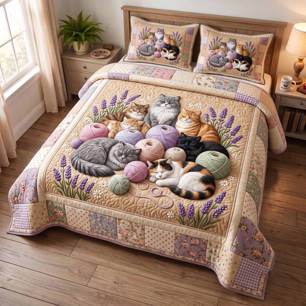 Woolly Whiskers quilted 3-piece bedding set on a made bed with two matching pillow shams
