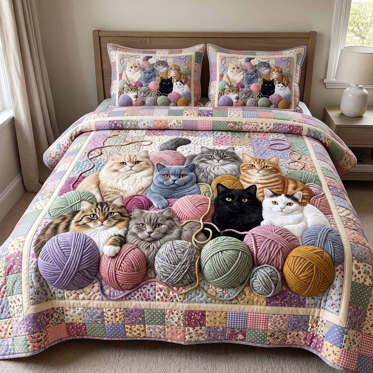 Woolly Whiskers quilted 3-piece bedding set on a made bed with two matching pillow shams