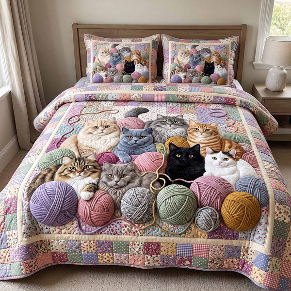 Woolly Whiskers quilted 3-piece bedding set on a made bed with two matching pillow shams