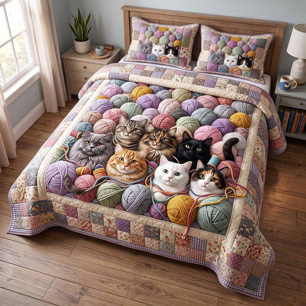 Woolly Whiskers quilted 3-piece bedding set on a made bed with two matching pillow shams