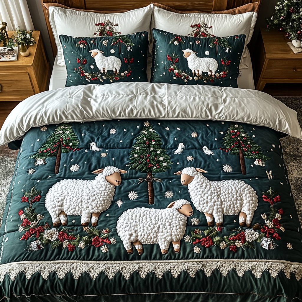 Woolly Wonder quilted 3-piece bedding set on a made bed with two matching pillow shams