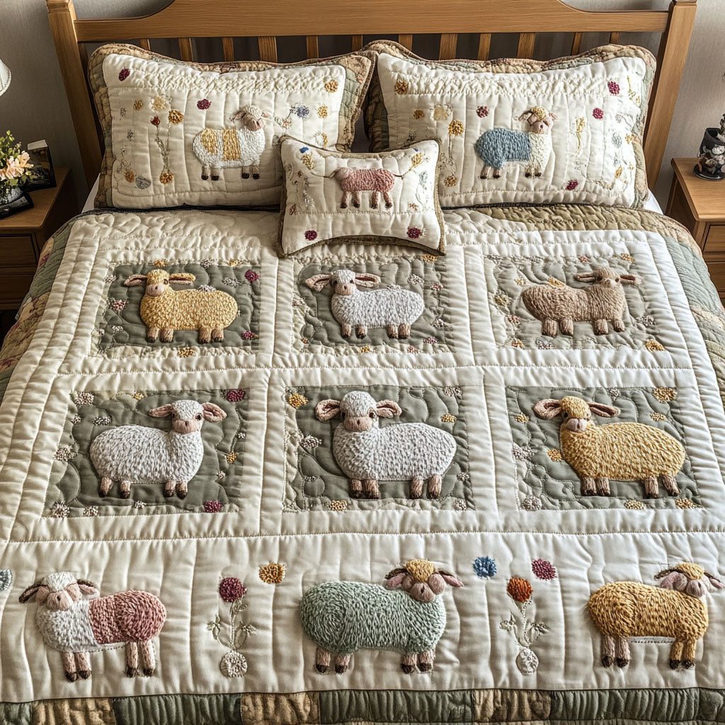 Woolly Wonder quilted 3-piece bedding set on a made bed with two matching pillow shams