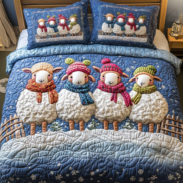 Wooly Christmas quilted 3-piece bedding set on a made bed in a winter-styled bedroom