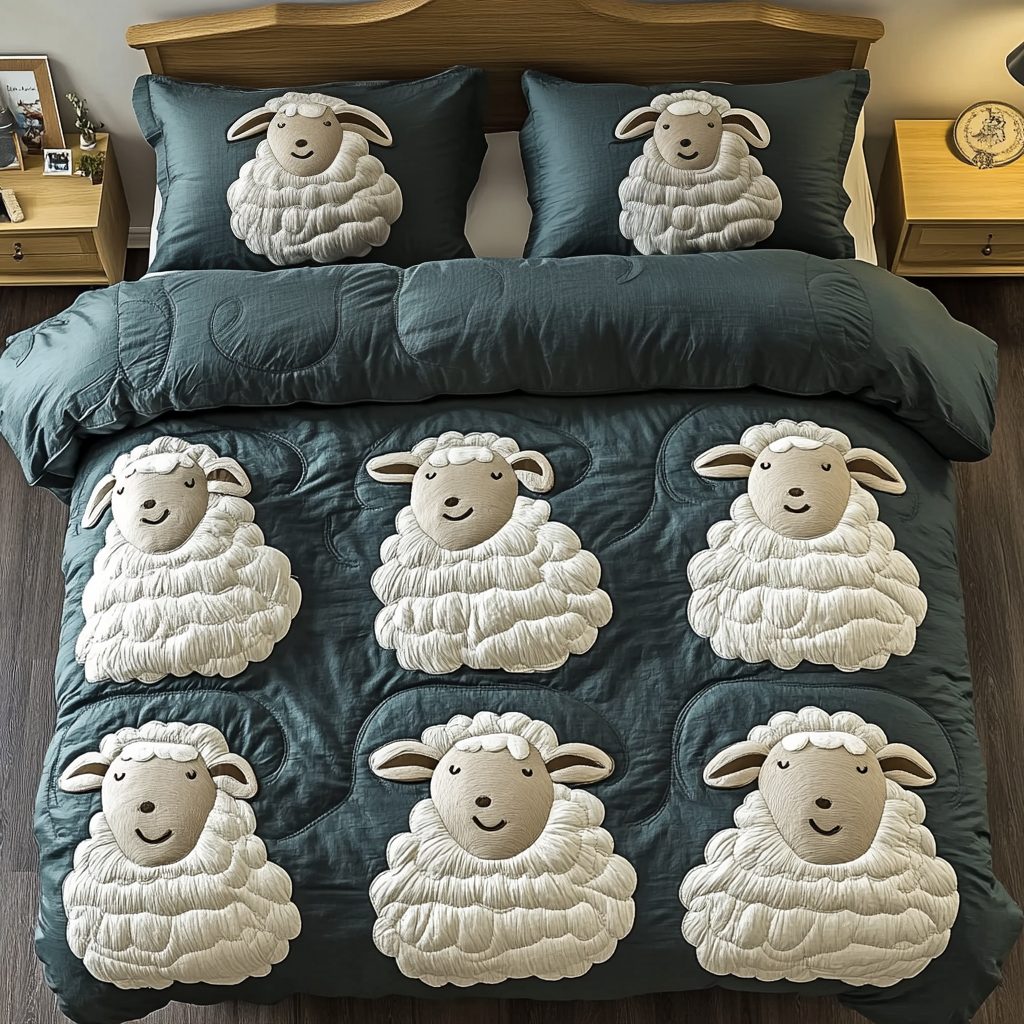 Wooly Haven quilted 3-piece bedding set on a made bed with two matching pillow shams