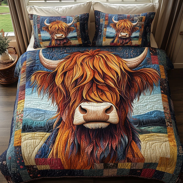 Wooly Wanderers quilted 3-piece bedding set on a made bed with two matching pillow shams
