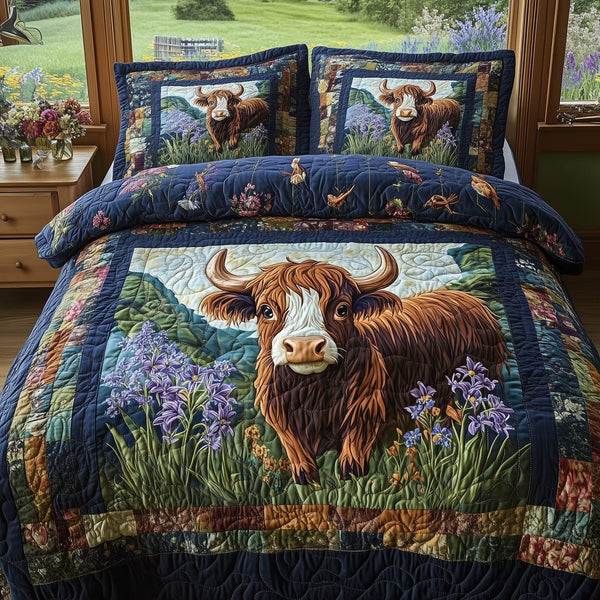 Wooly Wanderers quilted 3-piece bedding set on a made bed with two matching pillow shams
