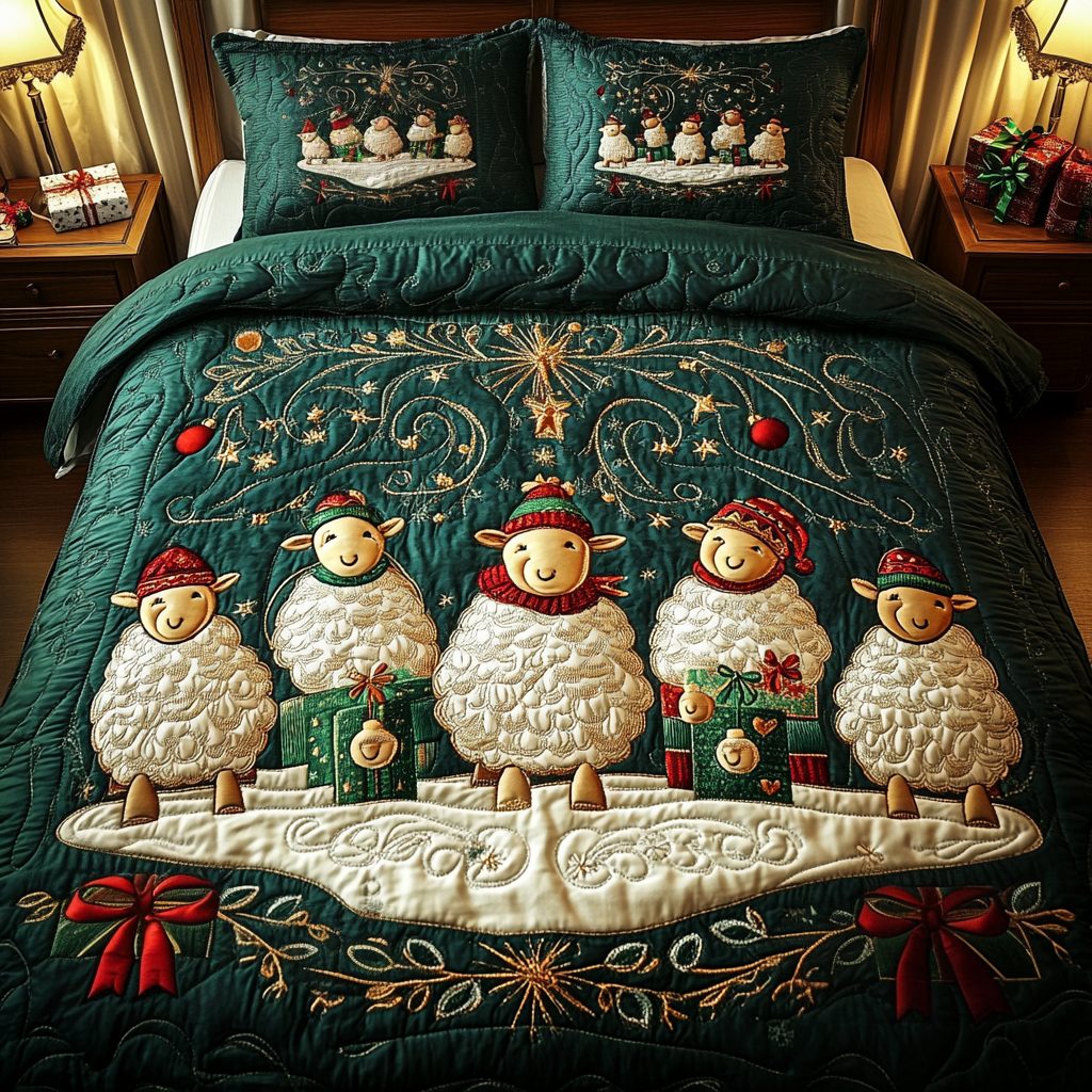 Wooly Winter quilted 3-piece bedding set on a made bed in a winter-styled bedroom