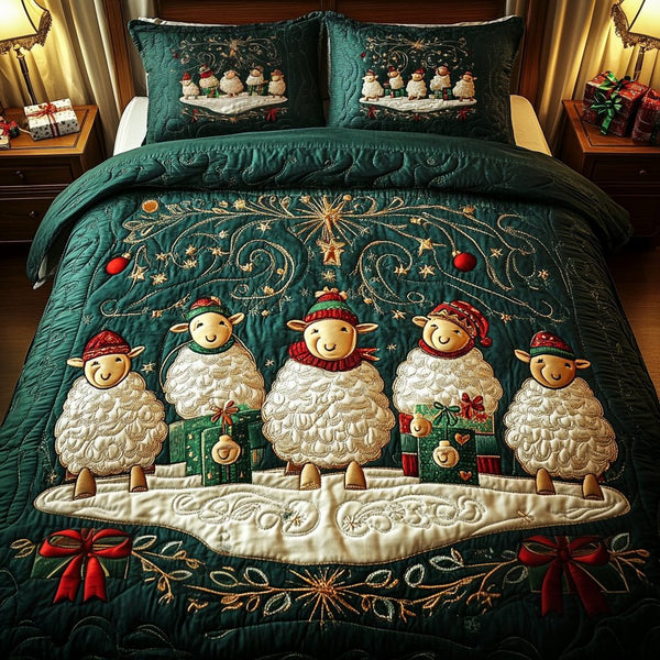 Wooly Winter quilted 3-piece bedding set on a made bed in a winter-styled bedroom