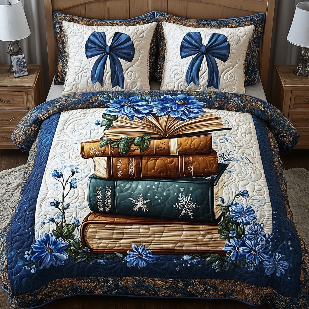 Words And Wonder quilted 3-piece bedding set on a made bed with two matching pillow shams