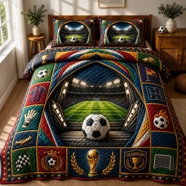 World Cup Champion Arena quilted 3-piece bedding set on a made bed with two matching pillow shams
