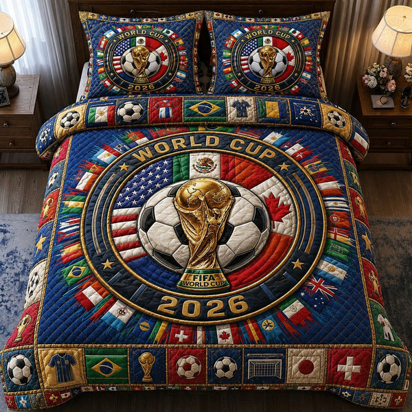 World Cup Champions Legacy quilted 3-piece bedding set on a made bed with two matching pillow shams