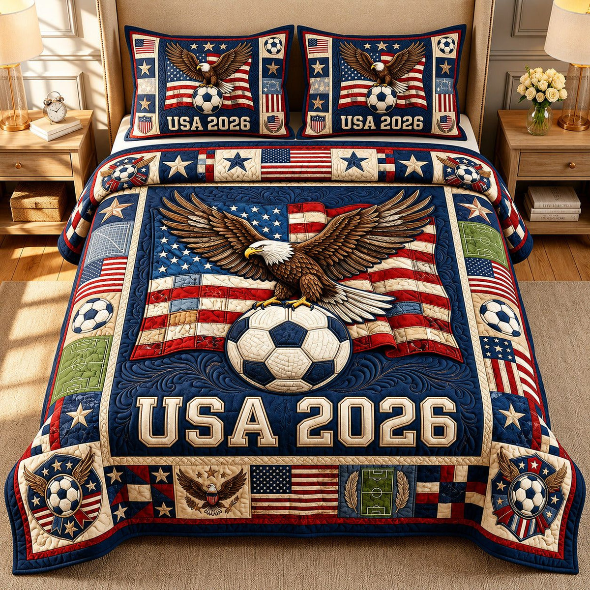 World Cup quilted 3-piece bedding set on a made bed with two matching pillow shams