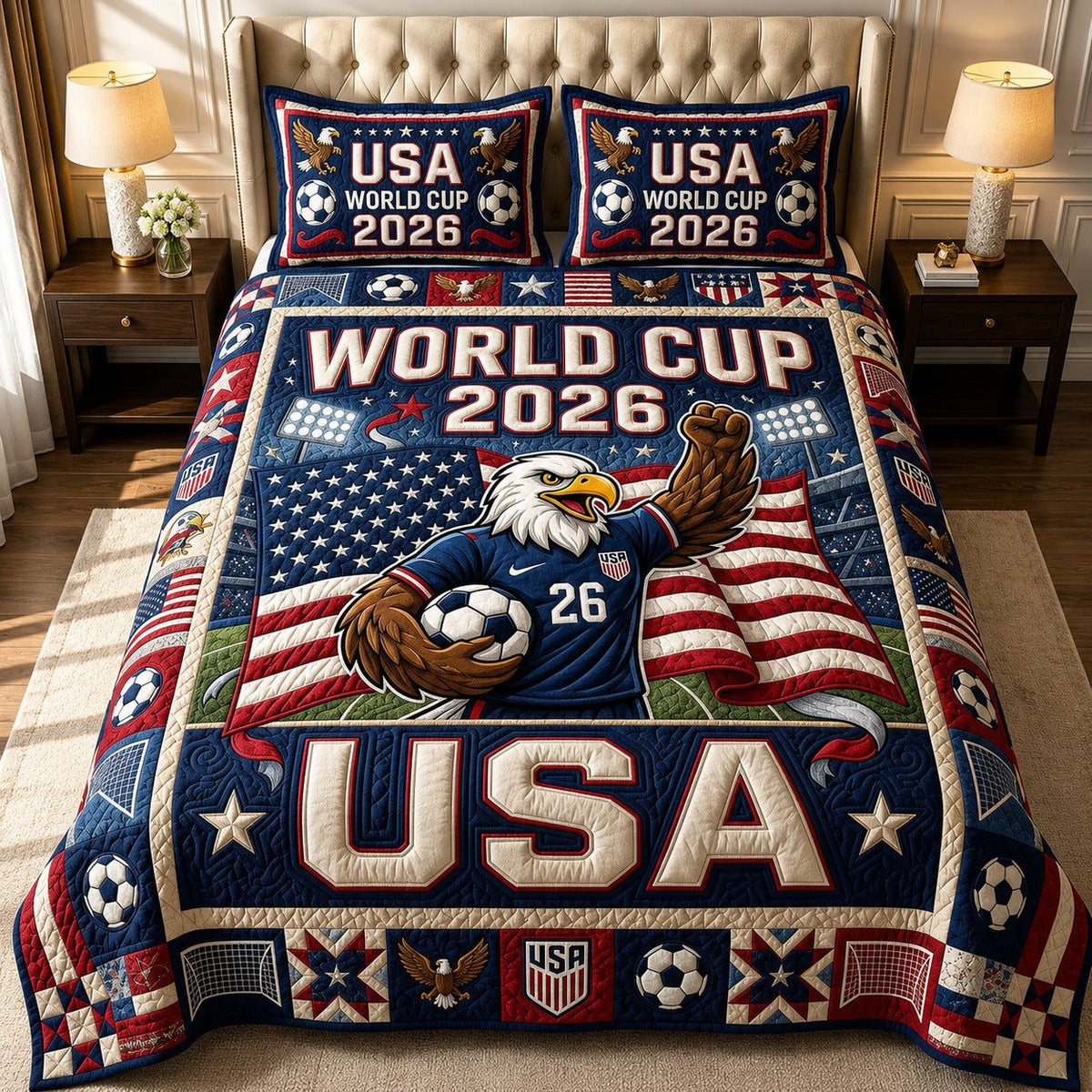 World Cup quilted 3-piece bedding set on a made bed with two matching pillow shams