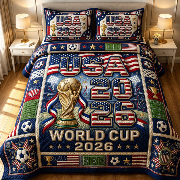 World Cup quilted 3-piece bedding set on a made bed with two matching pillow shams
