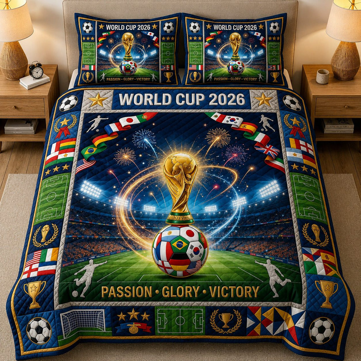 World Cup quilted 3-piece bedding set on a made bed with two matching pillow shams