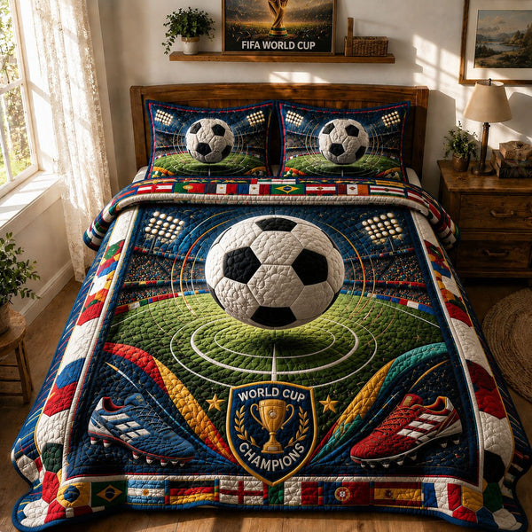 World Cup Victory quilted 3-piece bedding set on a made bed with two matching pillow shams