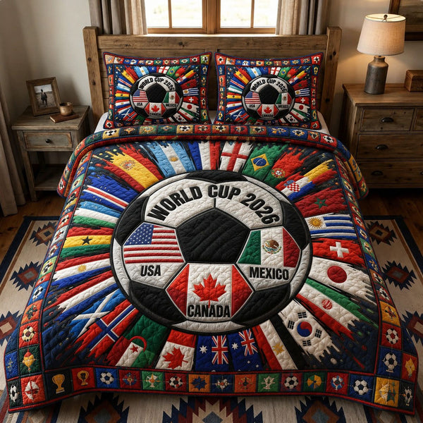 World Flags Soccer Unity quilted 3-piece bedding set on a made bed in a warmly lit bedroom