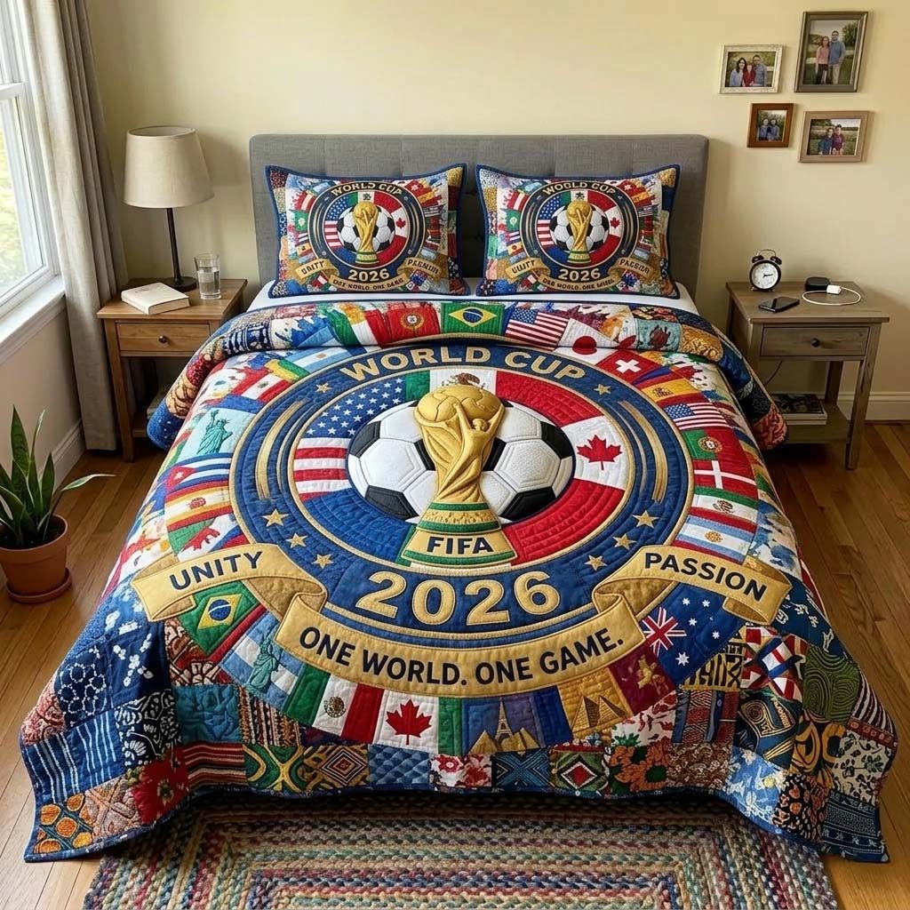 World Unity quilted 3-piece bedding set on a made bed with two matching pillow shams