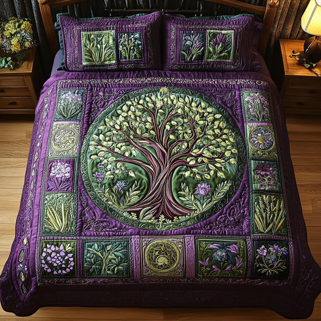 Woven Branch Dreams quilted 3-piece bedding set on a made bed in a rustic timber bedroom