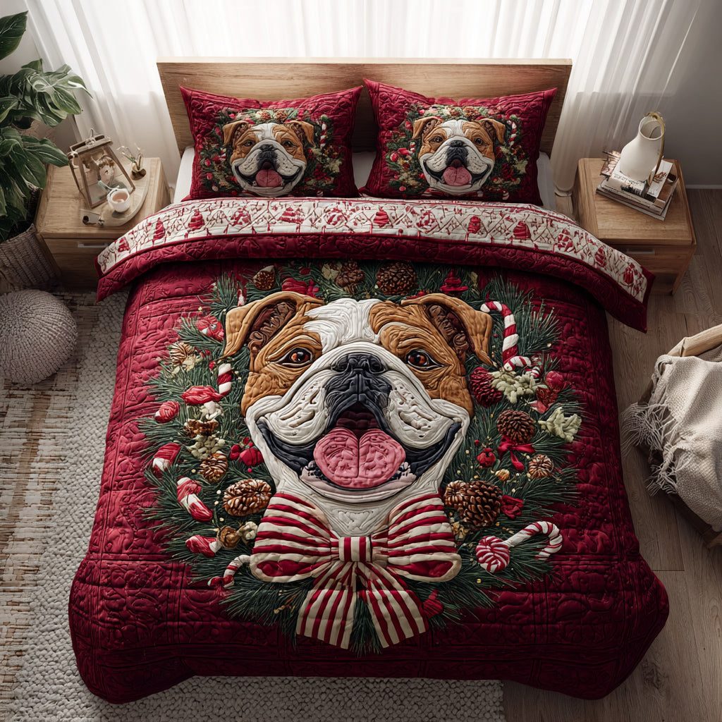 Wreath Bulldog Joy quilted 3-piece bedding set on a made bed in a winter-styled bedroom