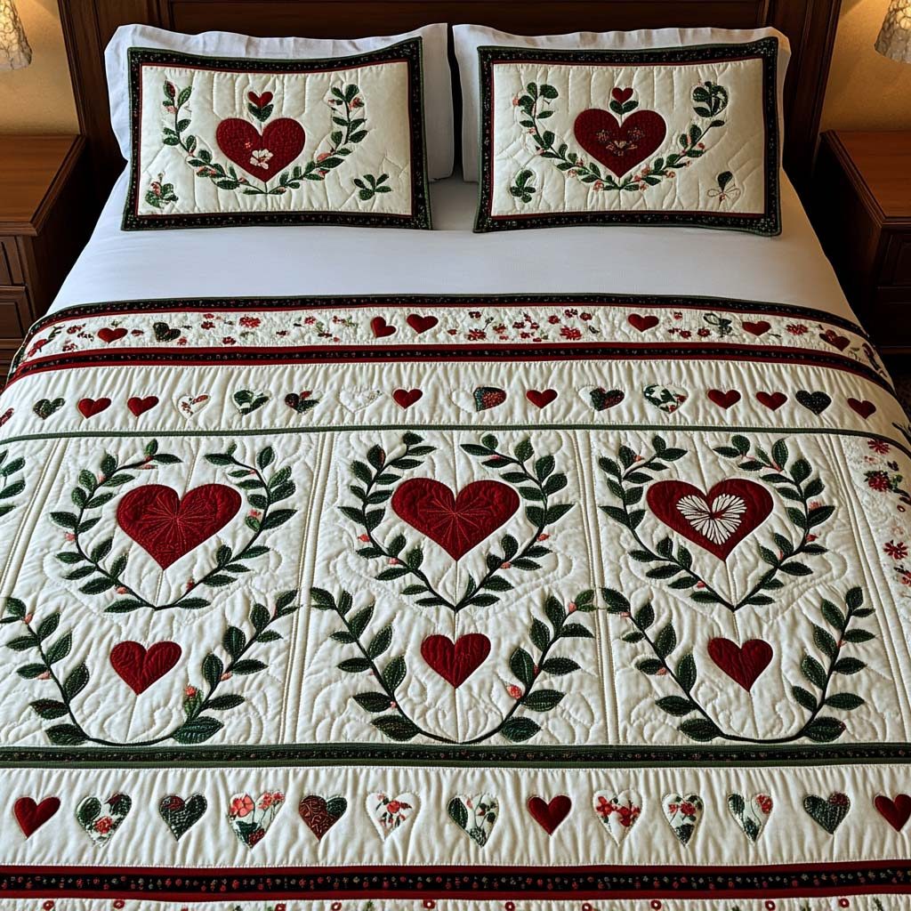 Wreath Charm quilted 3-piece bedding set on a made bed in a winter-styled bedroom