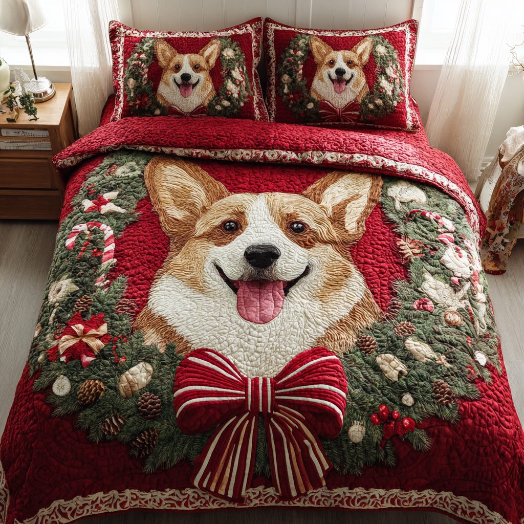 Wreath Corgi Cheer quilted 3-piece bedding set on a made bed in a winter-styled bedroom