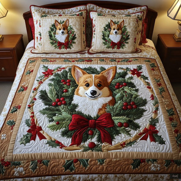 Wreath Delight quilted 3-piece bedding set on a made bed in a winter-styled bedroom
