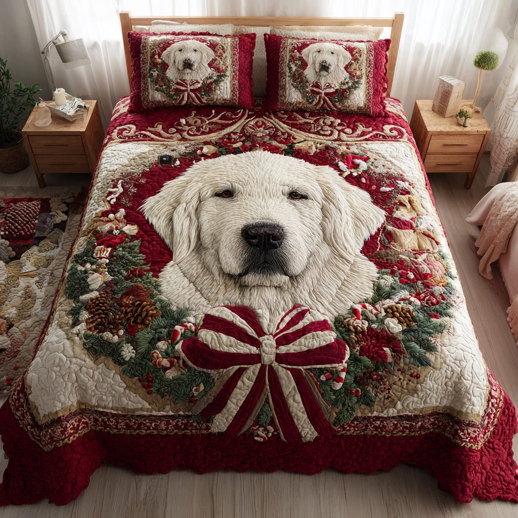 Wreath Great Pyrenees quilted 3-piece bedding set on a made bed in a winter-styled bedroom