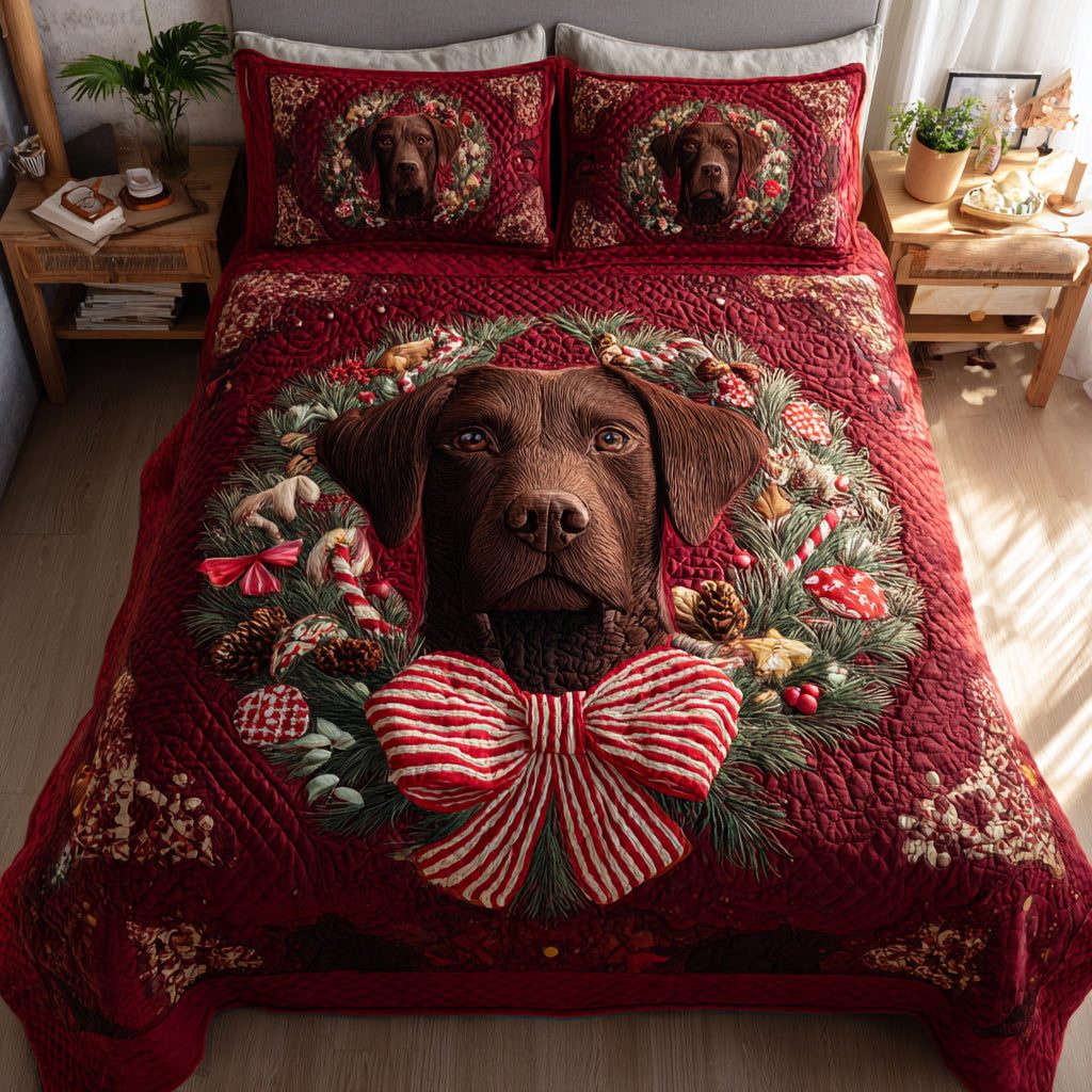 Wreath Labrador Retriever quilted 3-piece bedding set on a made bed in a winter-styled bedroom