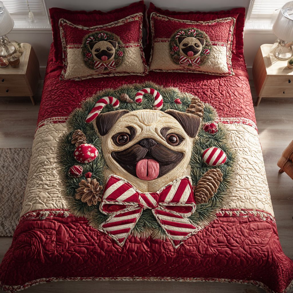 Wreath Pug Joy quilted 3-piece bedding set on a made bed in a winter-styled bedroom