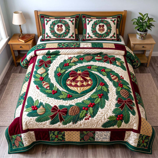 Wreath Spiral quilted 3-piece bedding set on a made bed in a winter-styled bedroom