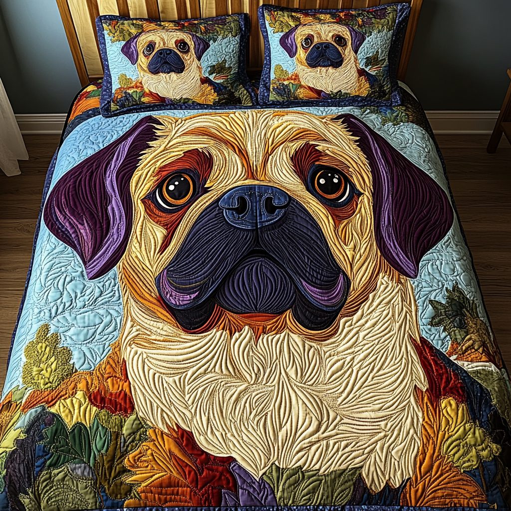 Wrinkled Wonder quilted 3-piece bedding set on a made bed with two matching pillow shams