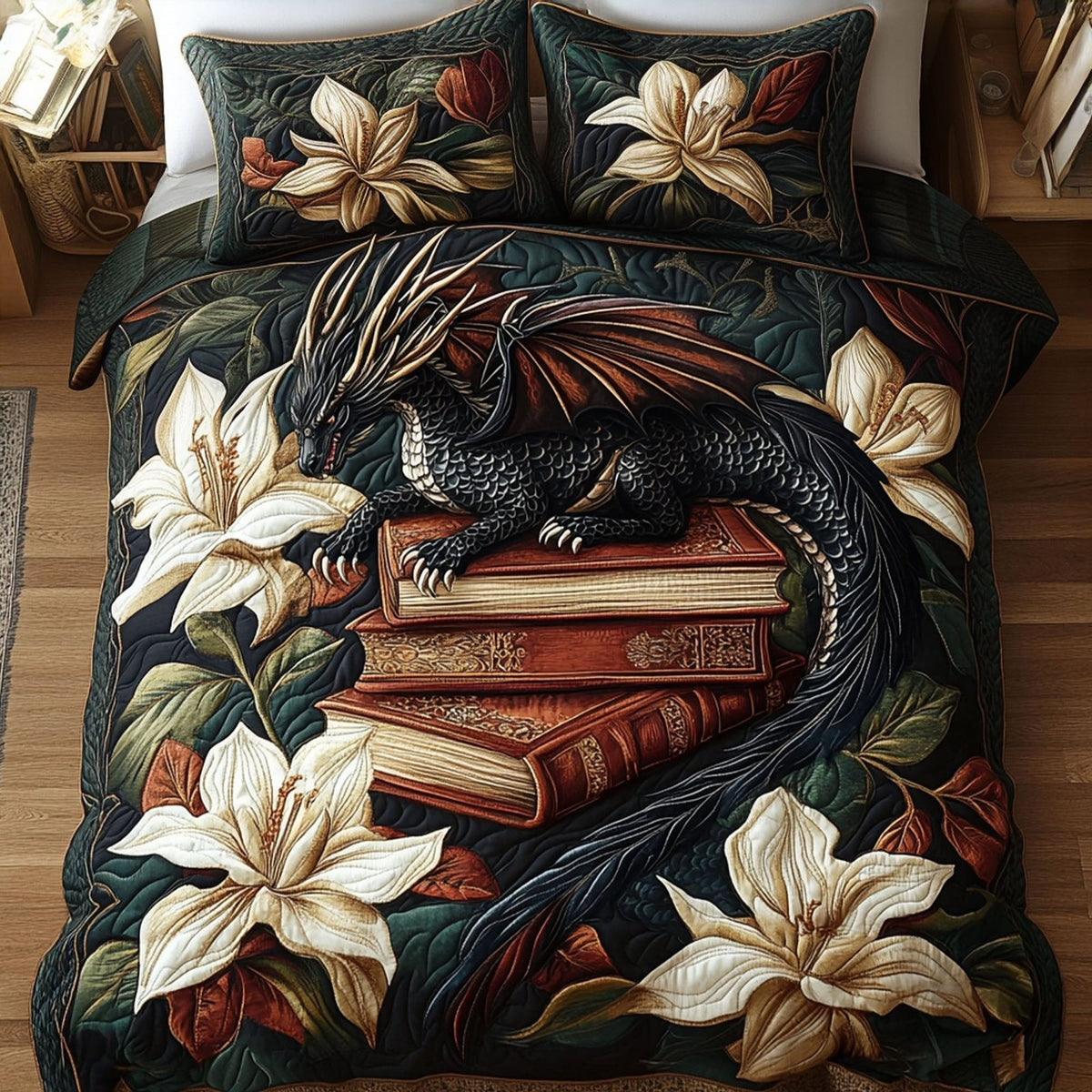 Wyverns Wisdom quilted 3-piece bedding set on a made bed with two matching pillow shams