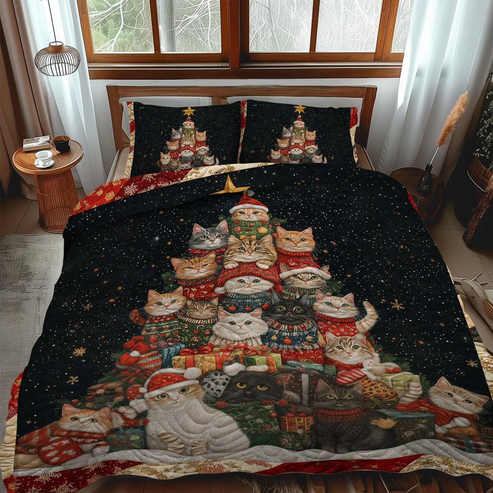 Xmas Cats quilted 3-piece bedding set on a made bed in a winter-styled bedroom
