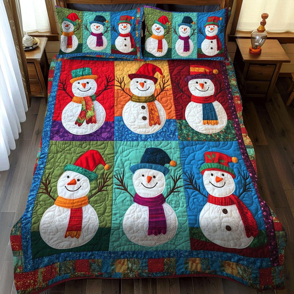 Xmas Night Snowman quilted 3-piece bedding set on a made bed in a winter-styled bedroom