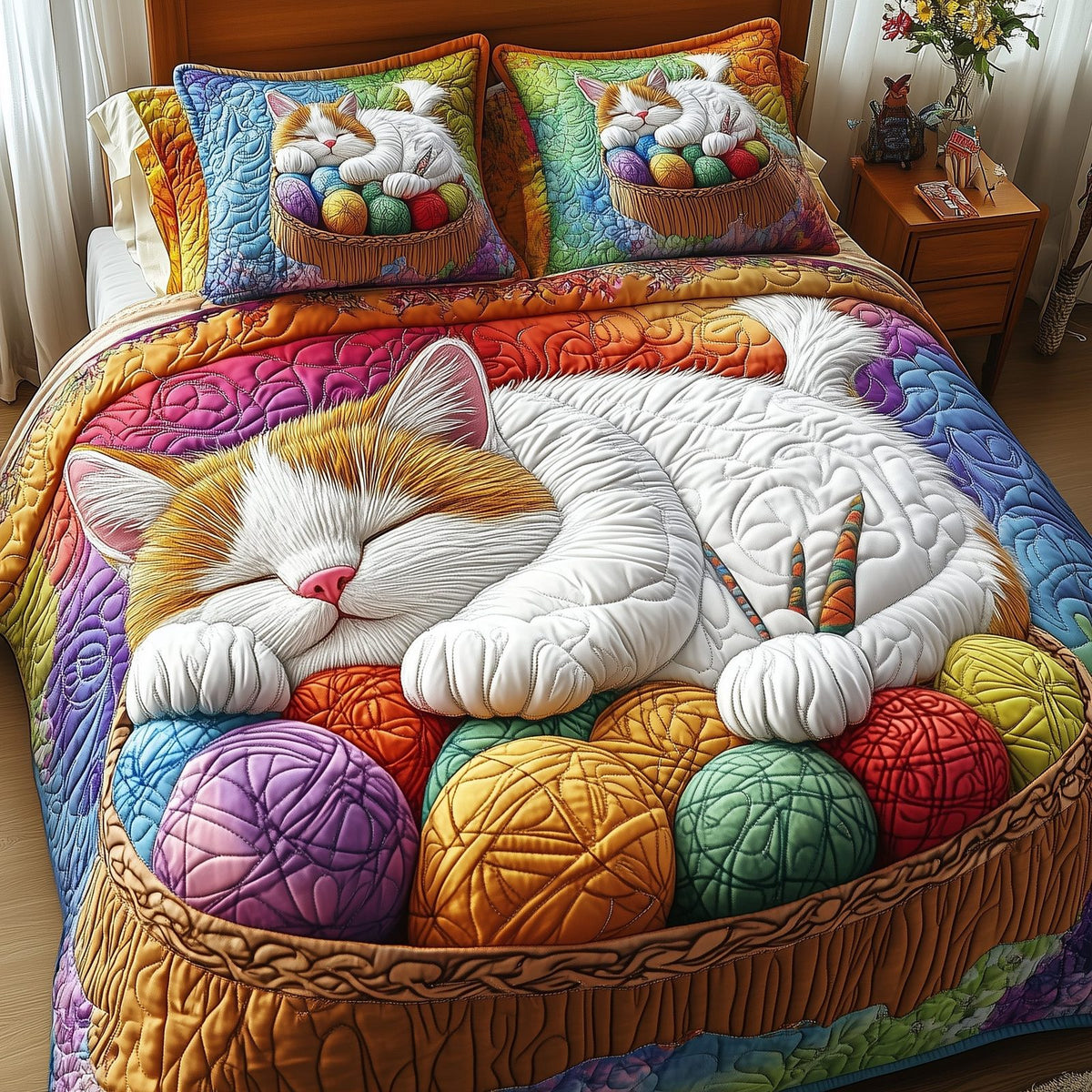 Yarn quilted 3-piece bedding set on a made bed with two matching pillow shams