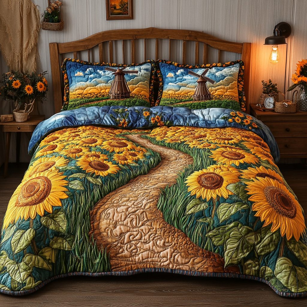 Yellow Bliss quilted 3-piece bedding set on a made bed with two matching pillow shams