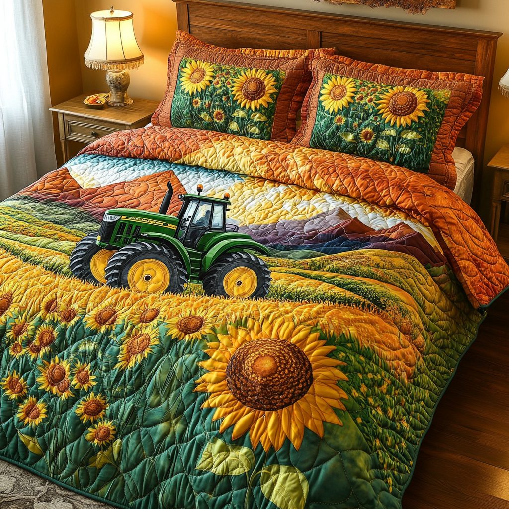 Yellow Bloom Ride quilted 3-piece bedding set on a made bed with two matching pillow shams