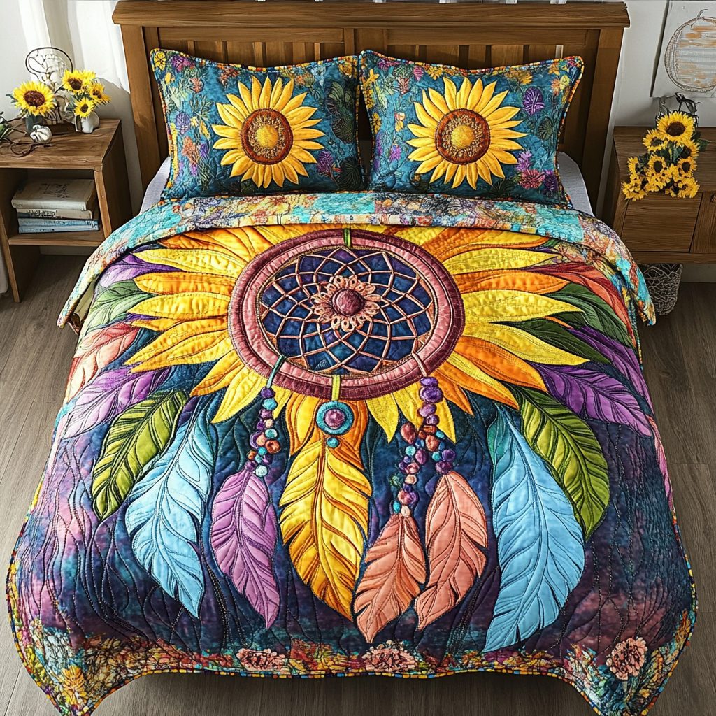 Yellow Haze quilted 3-piece bedding set on a made bed with two matching pillow shams