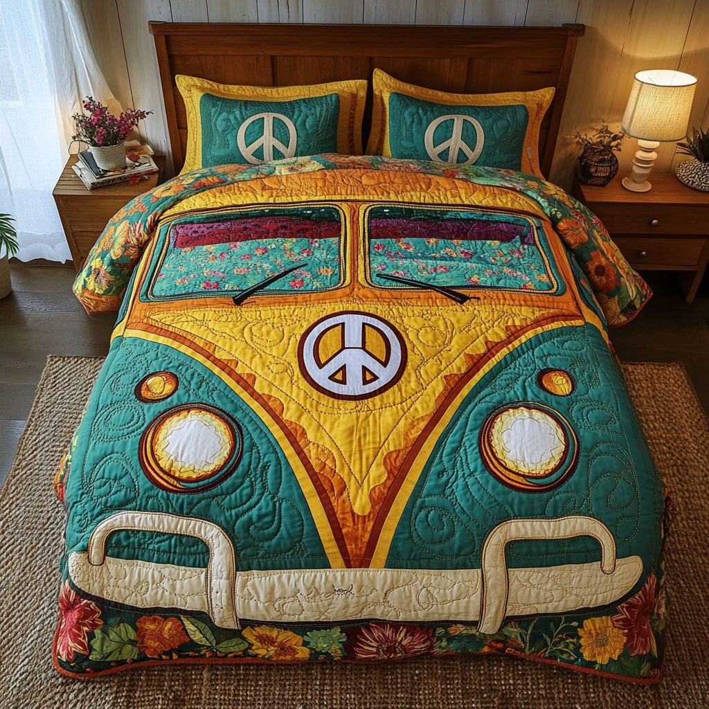 Yellow Hippie Van quilted 3-piece bedding set on a made bed with two matching pillow shams