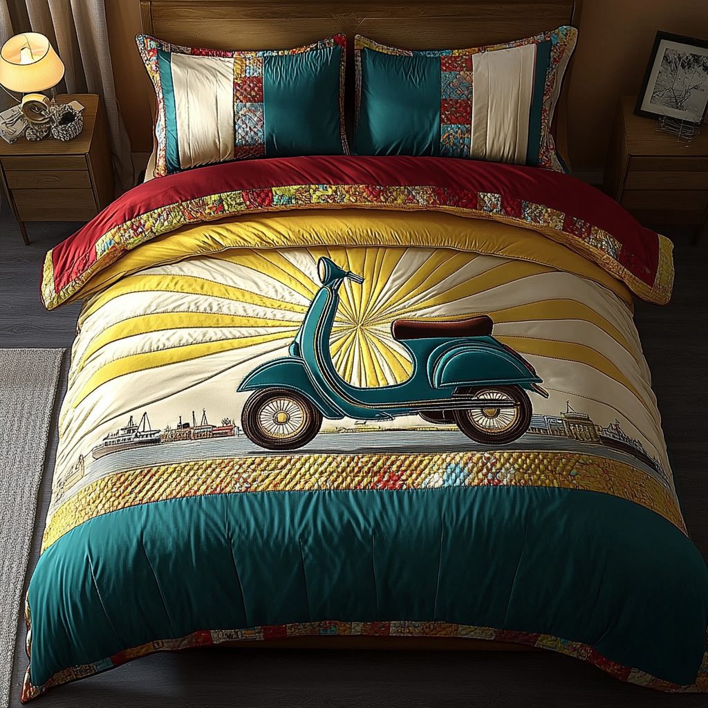 Yellow Joy quilted 3-piece bedding set on a made bed with two matching pillow shams