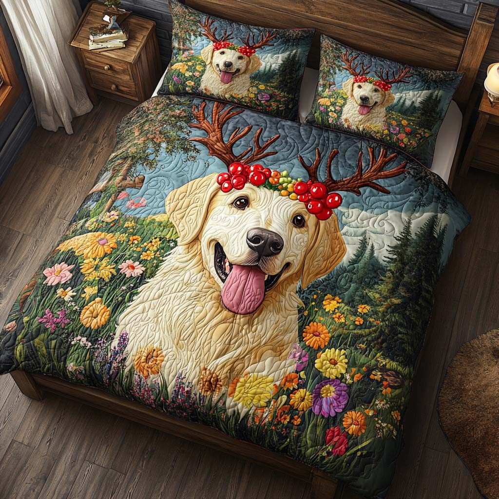 Yellow Lab Smile quilted 3-piece bedding set on a made bed with two matching pillow shams