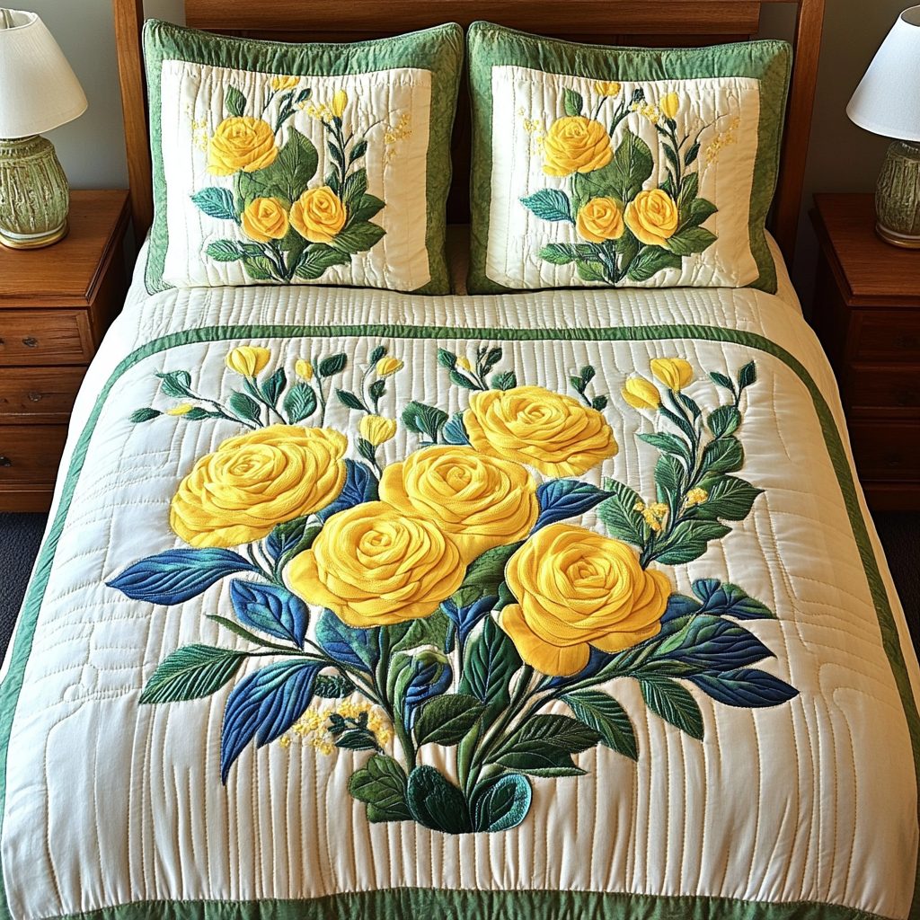 Yellow Radiance quilted 3-piece bedding set on a made bed with two matching pillow shams
