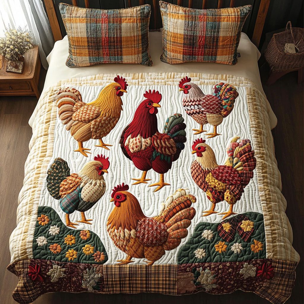 Yellow Roosters quilted 3-piece bedding set on a made bed with two matching pillow shams