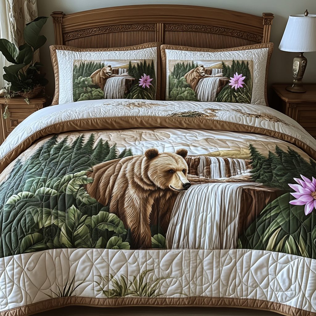 Yellowstone Bear Charm quilted 3-piece bedding set on a made bed with two matching pillow shams