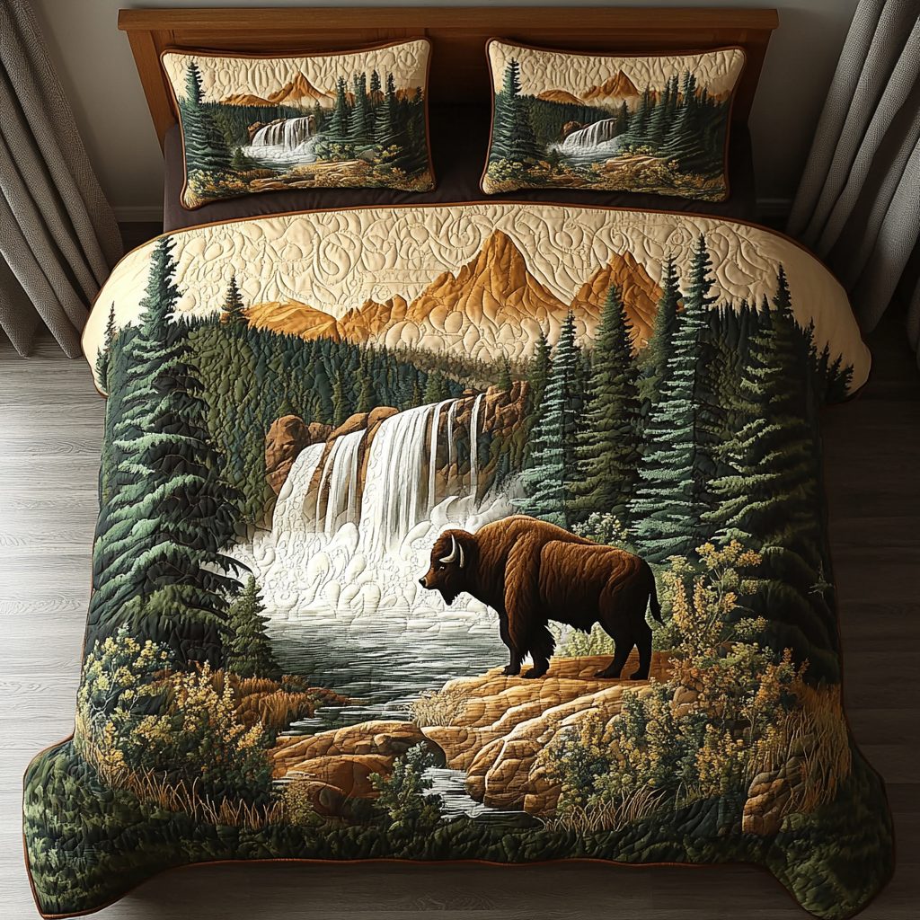 Yellowstone Beauty quilted 3-piece bedding set on a made bed with two matching pillow shams