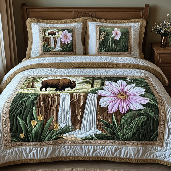 Yellowstone Bison and Wildflower quilted 3-piece bedding set on a made bed in a rustic timber bedroom