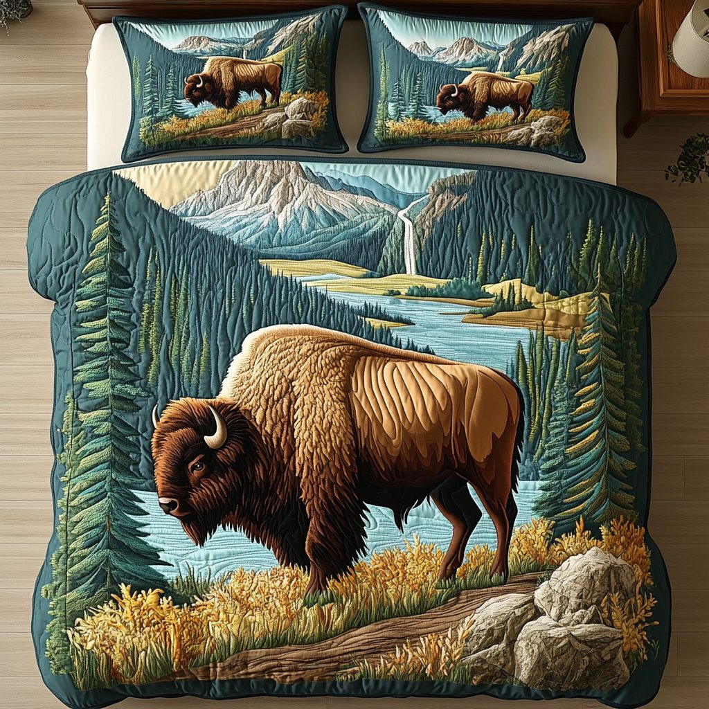 Yellowstone Bison quilted 3-piece bedding set on a made bed in a rustic timber bedroom
