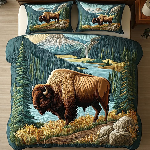 Yellowstone Bison quilted 3-piece bedding set on a made bed in a rustic timber bedroom