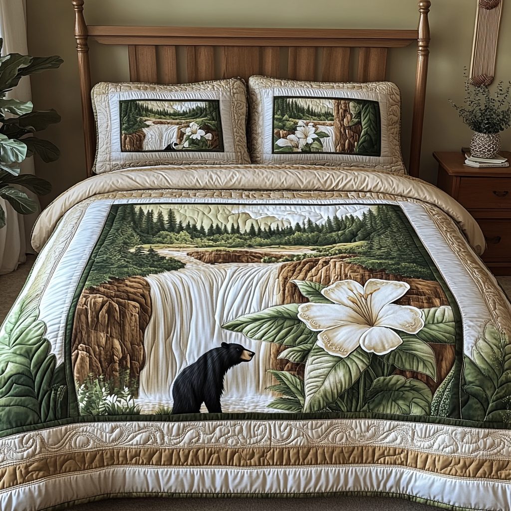 Yellowstone Black Bear quilted 3-piece bedding set on a made bed with two matching pillow shams